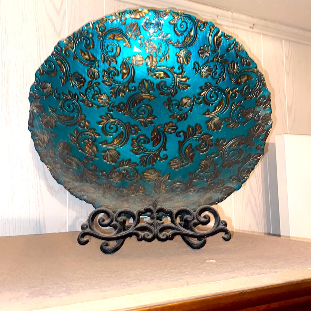 Large glass platter, dark teal with plate stand